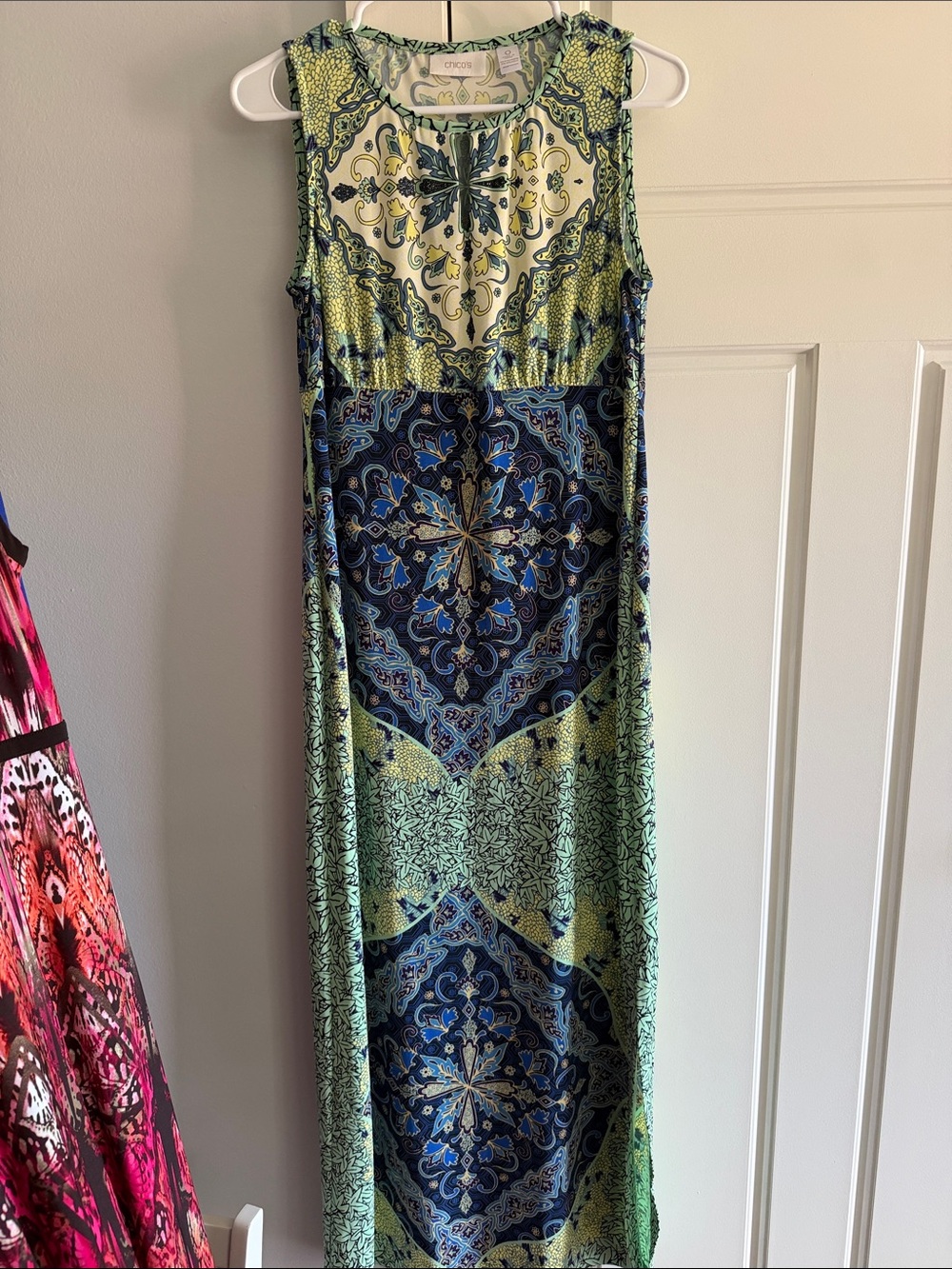 Chico's Sleeveless Maxi Dress in Blue & Green Medallion Print